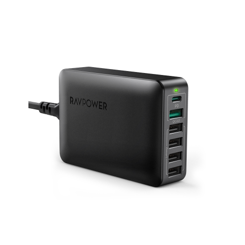 RAVPower 60W 6-Port Desktop USB Charging Station with 30W Power Delivery - Black