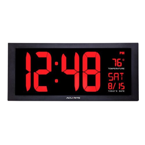 AcuRite Large Digit LED Calendar Clock With Indoor Temperature - 18 Inch - Red