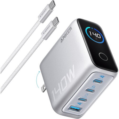 Anker Laptop Charger (140W, 4-Port, PD 3.1) with USB-C Cable - Silver