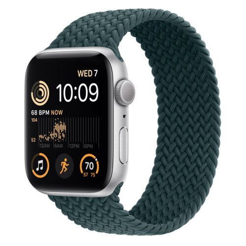 Apple Watch SE (2nd Gen) Silver Aluminum Case with Braided Solo Loop - Rainforest - 44mm - Size-8
