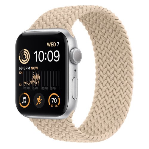 Apple Watch SE (2nd Gen) Silver Aluminum Case with Braided Solo Loop - Beige - 44mm - Size-1