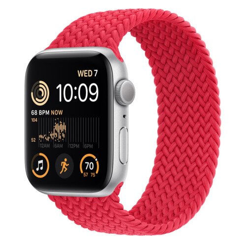 Apple Watch SE (2nd Gen) Silver Aluminum Case with Braided Solo Loop - Red - 44mm - Size-7