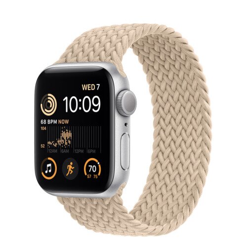 Apple Watch SE (2nd Gen) Silver Aluminum Case with Braided Solo Loop - Beige - 40mm - Size-6