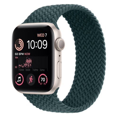 Apple Watch SE (2nd Gen) Starlight Aluminum Case with Braided Solo Loop - Rainforest - 44mm - Size-7