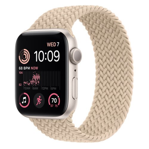 Apple Watch SE (2nd Gen) Starlight Aluminum Case with Braided Solo Loop - Beige - 44mm - Size-6
