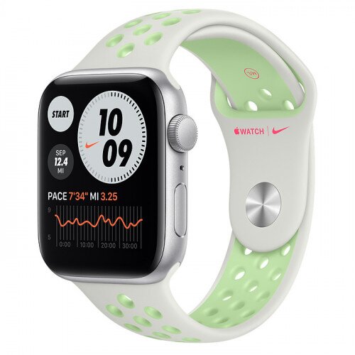 Apple Watch SE Silver Aluminum Case with Nike Sport Band - 44mm - Spruce Aura/Vapor Green