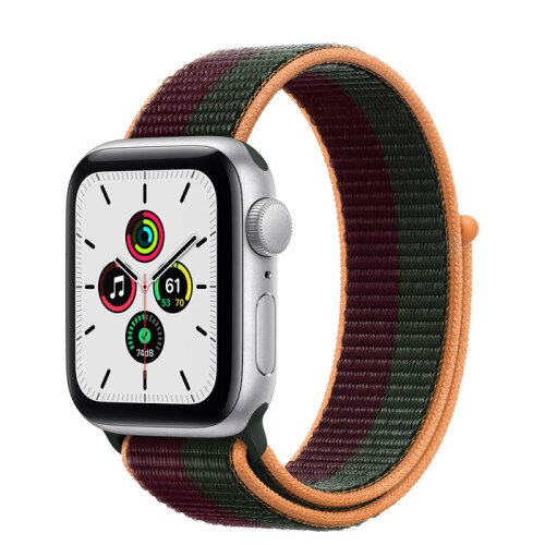 Apple Watch SE Series Silver Aluminum Case with Sport Loop - Dark Cherry/Forest Green - 40mm
