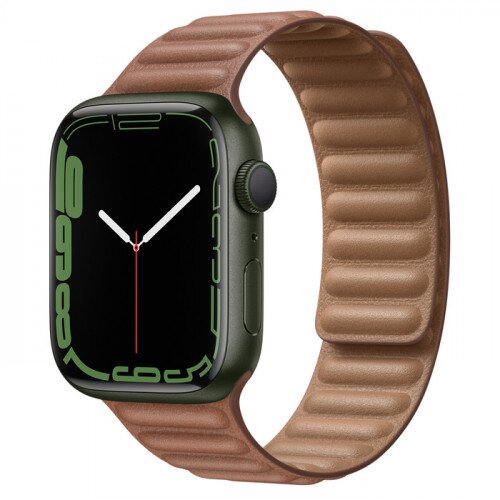 Apple Watch Series 7 Green Aluminum Case with Leather Link - Saddle Brown - 45mm - M/L
