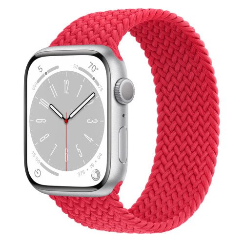 Apple Watch Series 8 - 45mm Silver Aluminum Case with Product Red Braided Solo Loop - Size-7