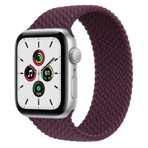 Apple Watch Series SE Silver Aluminum Case with Braided Solo Loop - Dark Cherry - 44mm - 10