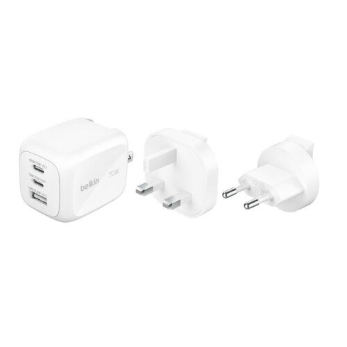 Belkin BoostCharge Pro 3-Port GaN Wall Charger 70W + Travel Adapter Kit - White
