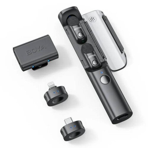BOYA Magic Al-Powered Transformable Wireless Microphone - (USB-C + Lightning + 3.5mm TRS ) RX + 2 TX + CC +(Tripod)