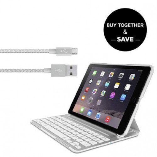 Belkin QODE Ultimate Pro Keyboard Case in White for iPad Air 2 + Metallic Micro-USB Cable Bundle (App Enabled)