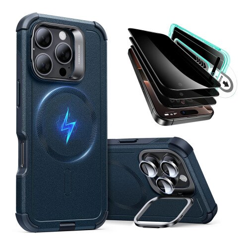 ESR Cyber Tough Case with Stash Stand Privacy Protection Bundle - iPhone 16 Pro - Dark Blue