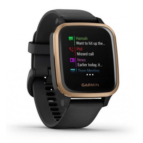 Garmin Sq Music Edition Fitness Smartwatch - Rose Gold Aluminum Bezel with Black Case and Silicone Band