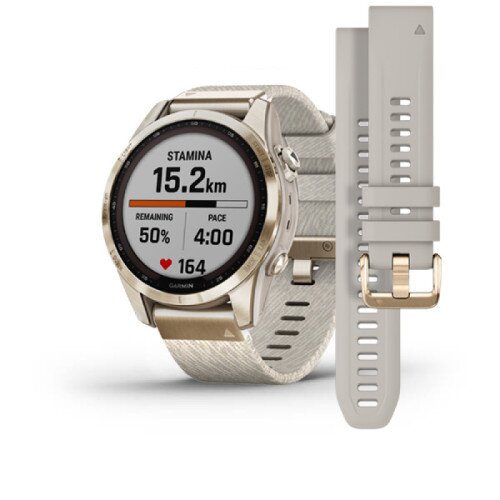 Garmin fenix 7S Multisport GPS Smartwatch - Sapphire Solar Edition - Cream Gold Titanium with Cream Heathered Nylon Band - 42mm