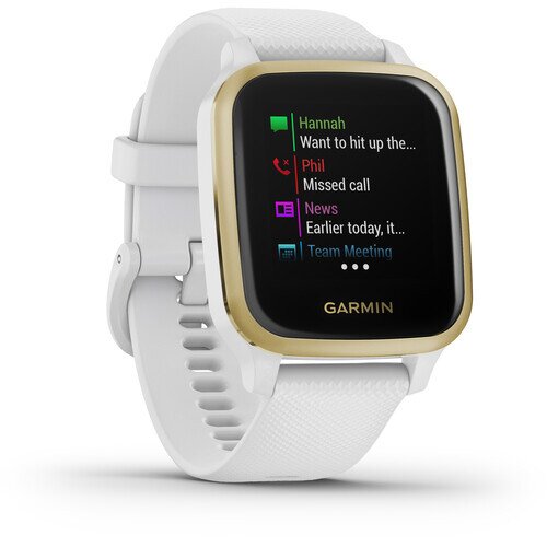 Garmin Venu Sq GPS Smartwatch - Light Gold Aluminum Bezel with White Case and Silicone Band