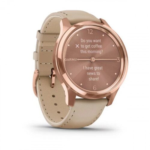 Garmin vivomove Luxe Hyprid Smart Watch - 18K Rose Gold PVD Stainless Steel Case with Light Sand Italian Leather Band - 42mm