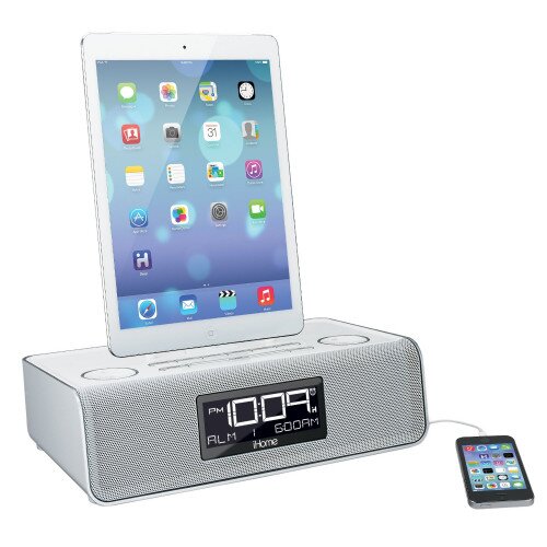iHome iDL43 Dual Charging Stereo FM Clock Radio with Lightning Dock and USB Charge/Play for iPad/iPhone/iPod - White