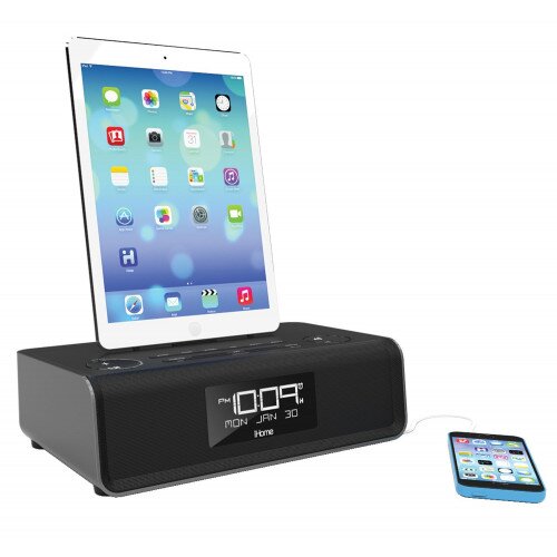iHome iDL43 Dual Charging Stereo FM Clock Radio with Lightning Dock and USB Charge/Play for iPad/iPhone/iPod - Black