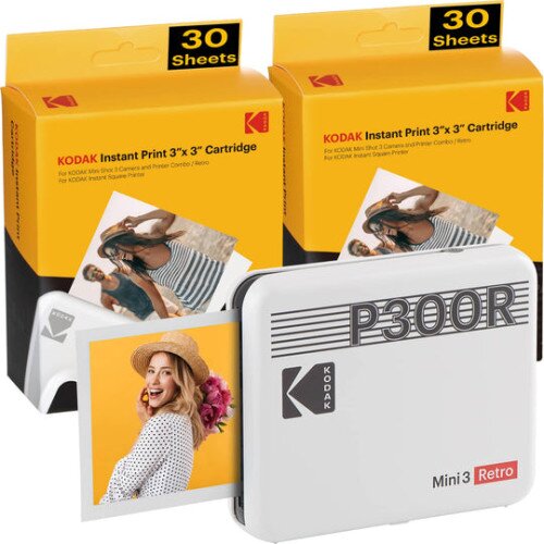 Kodak Mini 3 Retro Portable Photo Printer (P300R) - Paper 60-Pack Bundle - White