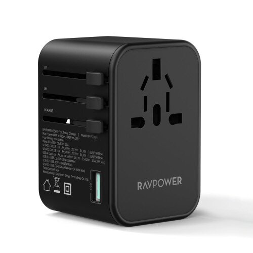 RAVPower RP-PC1034 GaN 65W Travel Adapter 4-Port PD Power Charger with 1 AC, 2 USB-C and 1 USB-A Ports