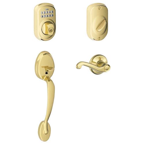Schlage Keypad Deadbolt with Plymouth Trim Paired with Plymouth Trim Handleset and Flair Lever