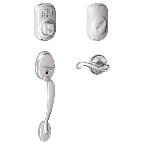 Schlage Keypad Deadbolt with Plymouth Trim Paired with Plymouth Trim Handleset and Flair Lever - Left Hand - Bright Chrome