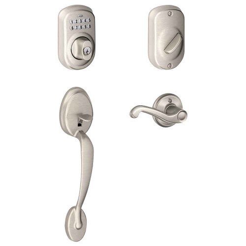 Schlage Keypad Deadbolt with Plymouth Trim Paired with Plymouth Trim Handleset and Flair Lever - Left Hand - Satin Nickel