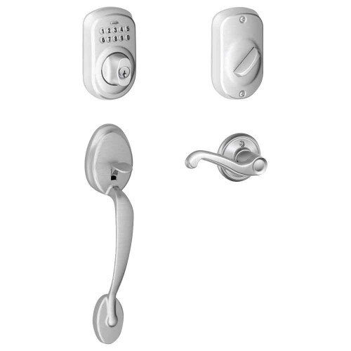 Schlage Keypad Deadbolt with Plymouth Trim Paired with Plymouth Trim Handleset and Flair Lever - Left Hand - Satin Chrome
