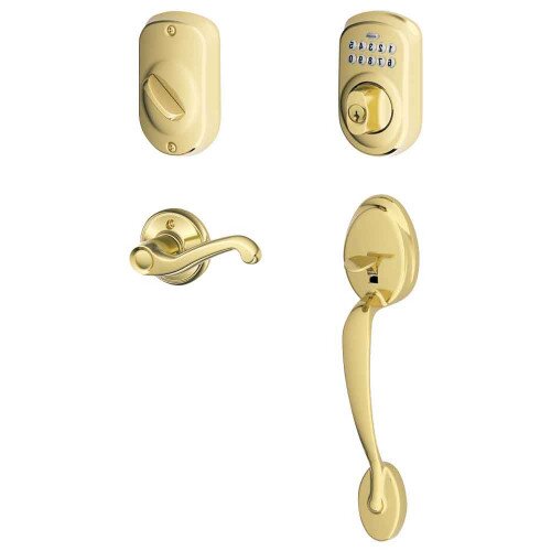 Schlage Keypad Deadbolt with Plymouth Trim Paired with Plymouth Trim Handleset and Flair Lever - Right Hand - Bright Brass
