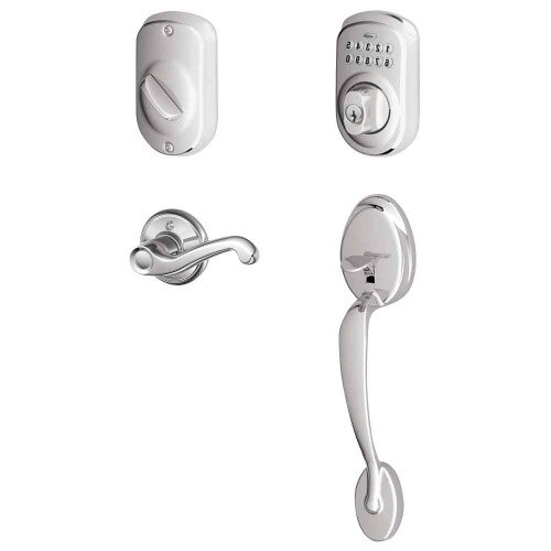 Schlage Keypad Deadbolt with Plymouth Trim Paired with Plymouth Trim Handleset and Flair Lever - Right Hand - Bright Chrome
