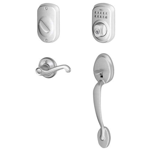 Schlage Keypad Deadbolt with Plymouth Trim Paired with Plymouth Trim Handleset and Flair Lever - Right Hand - Satin Chrome