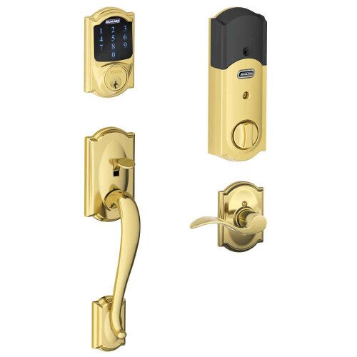 Schlage Connect Touchscreen Deadbolt with Camelot Trim Paired with Camelot Handleset and Accent Lever with Camelot Trim - Left Hand - Bright Brass