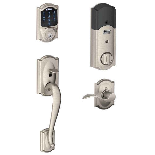 Schlage Connect Touchscreen Deadbolt with Camelot Trim Paired with Camelot Handleset and Accent Lever with Camelot Trim - Left Hand - Satin Nickel