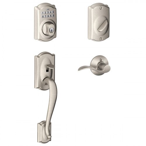 Schlage Camelot Trim Keypad Deadbolt Paired with Camelot Trim Front Entry Handle and Accent Lever - Left Hand - Satin Nickel