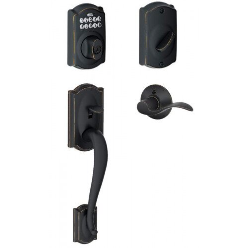 Schlage Camelot Trim Keypad Deadbolt Paired with Camelot Trim Front Entry Handle and Accent Lever - Right Hand - Aged Bronze