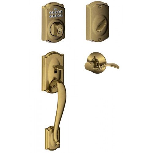 Schlage Camelot Trim Keypad Deadbolt Paired with Camelot Trim Front Entry Handle and Accent Lever - Right Hand - Antique Brass