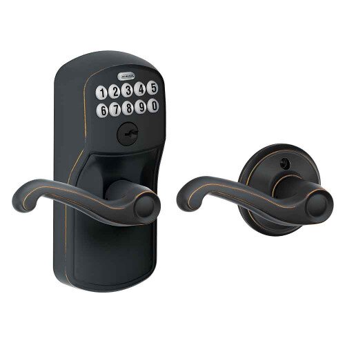 Schlage Keypad Lever with Plymouth Trim and Flair Lever with Auto Lock - Aged Bronze