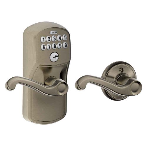 Schlage Keypad Lever with Plymouth Trim and Flair Lever with Auto Lock - Antique Pewter
