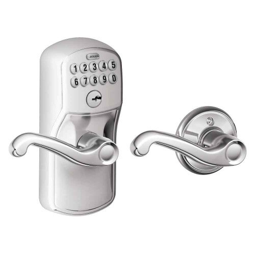 Schlage Keypad Lever with Plymouth Trim and Flair Lever with Auto Lock - Bright Chrome