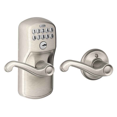 Schlage Keypad Lever with Plymouth Trim and Flair Lever with Auto Lock - Satin Nickel