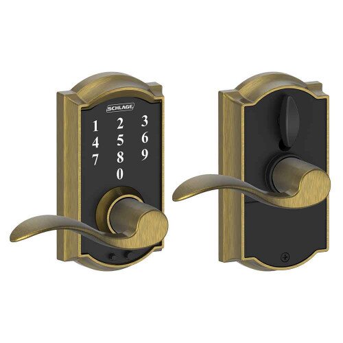 Schlage Touch Keyless Touchscreen Lever with Camelot Trim and Accent Lever - Antique Brass