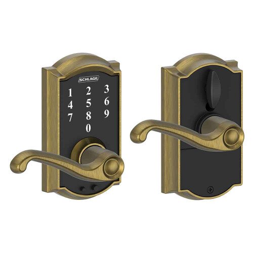Schlage Touch Keyless Touchscreen Lever with Camelot Trim and Flair Lever - Antique Brass
