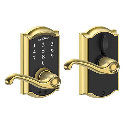 Schlage Touch Keyless Touchscreen Lever with Camelot Trim and Flair Lever - Bright Brass