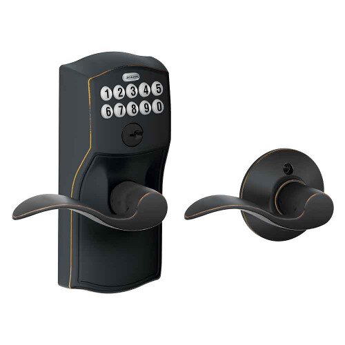Schlage Keypad Lever with Camelot Trim and Accent Lever with Auto Lock - Aged Bronze