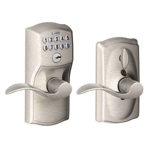 Schlage Keypad Lever with Camelot Trim and Accent Lever with Flex Lock - Satin Nickel
