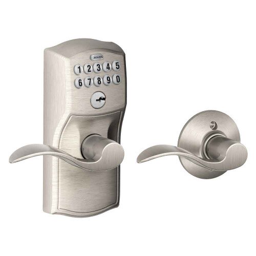Schlage Keypad Lever with Camelot Trim and Accent Lever with Auto Lock - Satin Nickel