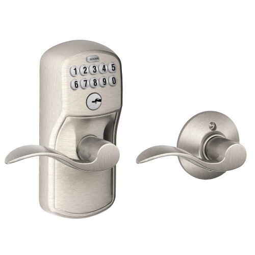 Schlage Keypad Lever with Plymouth Trim and Accent Lever with Auto Lock - Satin Nickel