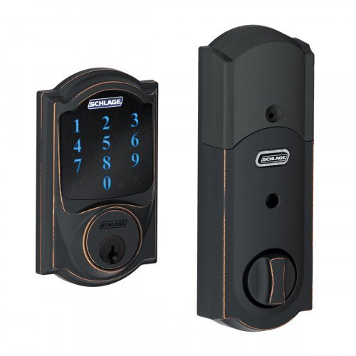 Schlage Connect Touchscreen Deadbolt with Alarm with Camelot Trim - Aged Bronze